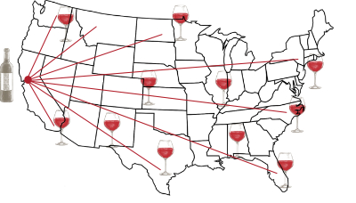 Map of the US with wine glasses everywhere for tastings across the country